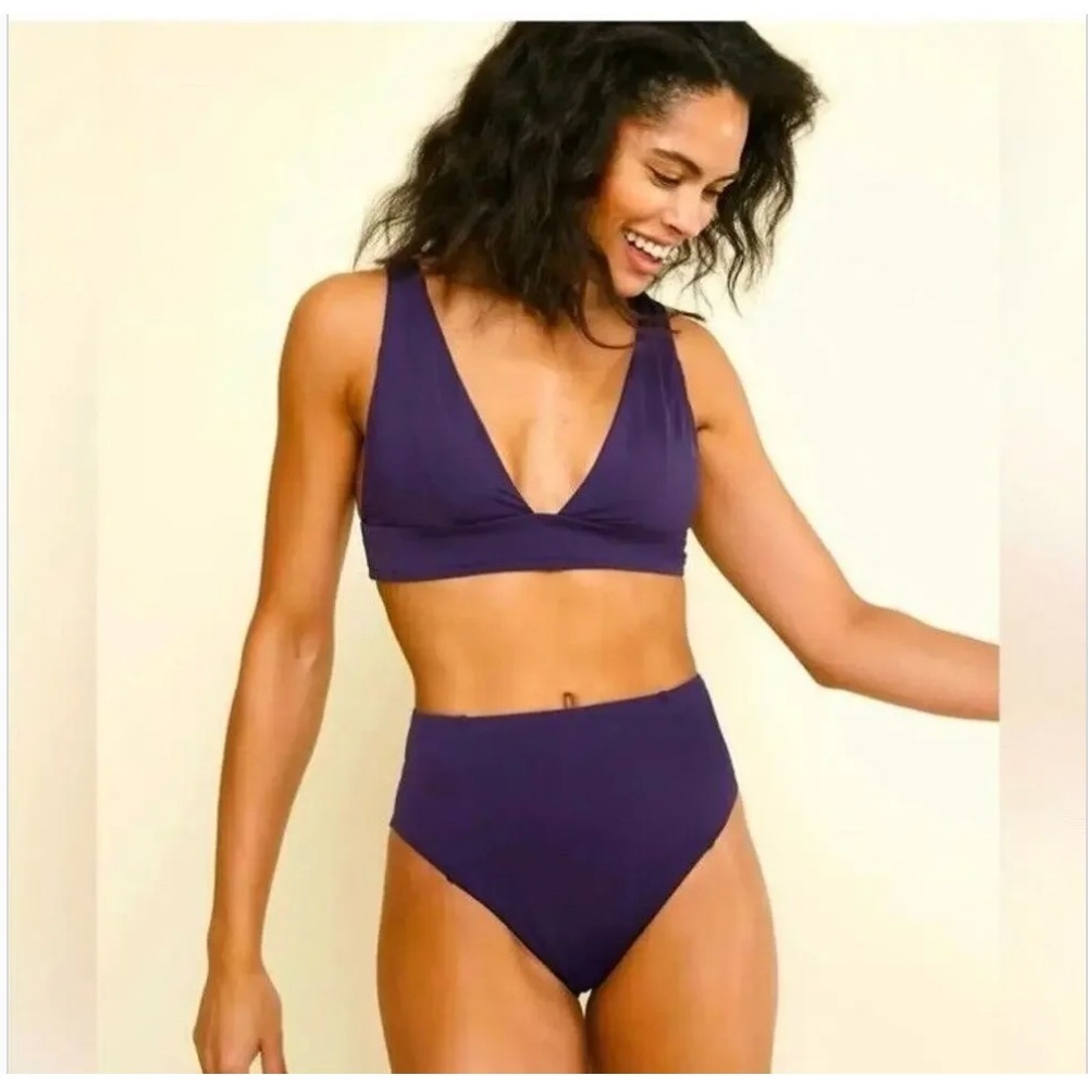 Andie Swim Navy Blue Plunge Bikini Top and High Waisted Bottom Set Small